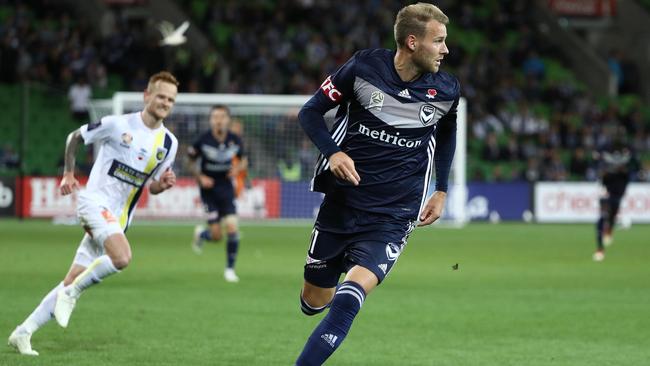 Melbourne Victory striker Ola Toivonen looks for a teammate against Central Coast Mariners earlier this month. Picture: Getty Images