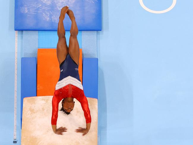 The start of Biles’ vault attempt. Picture: Laurence Griffiths/Getty Images