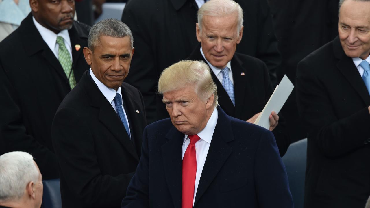 The former, current and perhaps future president at Mr Trumps inauguration in 2017. Picture: Paul Richards/AFP