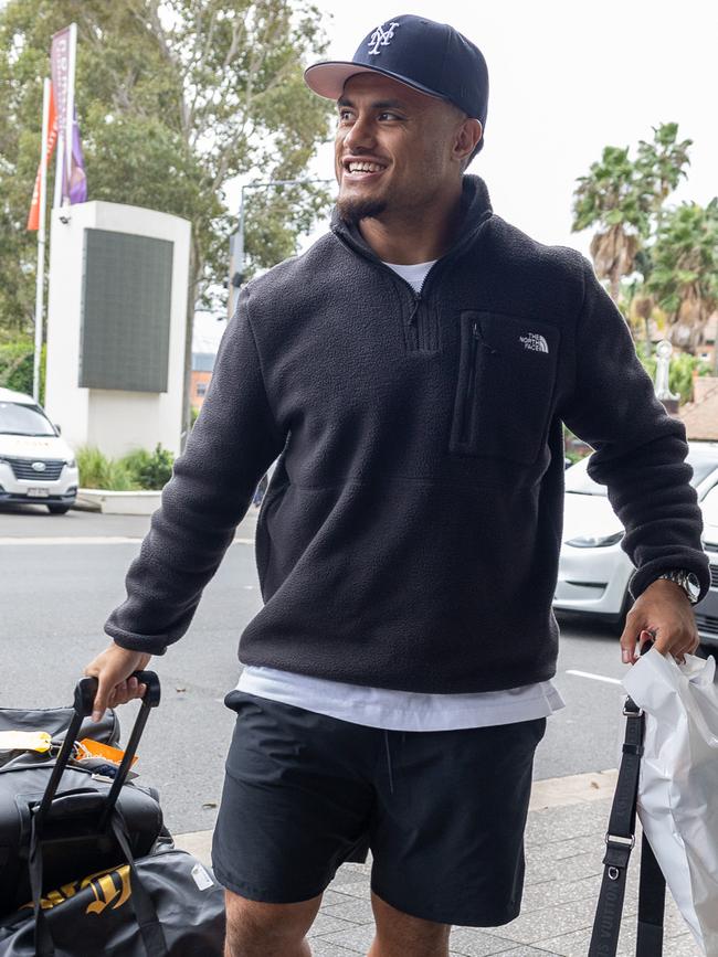 Spencer Leniu was in good spirits arriving at Blues camp. Picture Thomas Lisson