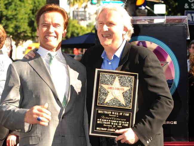Director James Cameron with his true Lies star, Arnold Schwarzenegger. Picture: AFP/Gabriel Bouys