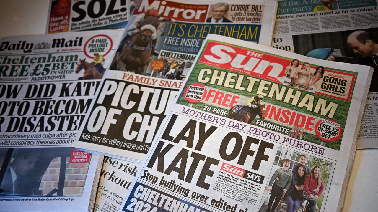 The front pages of some of Britain's national newspapers, dominated by stories about the altered Mother's Day photo released by Kensington Palace. Picture: Paul Ellis/AFP