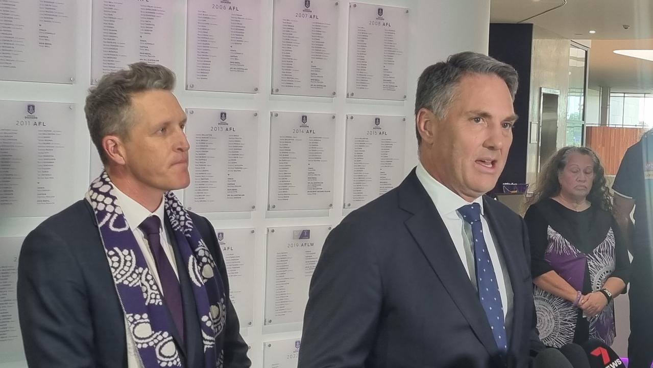 Deputy Prime Minister Richard Marles (centre) made the comments while speaking at the Fremantle Docker's headquarters in WA. Picture: NCA NewsWire / Anthony Anderson