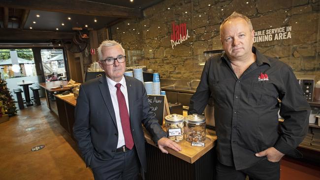 Andrew Wilkie MP and owner of Brew at Sandy Bay and Jam Packed in the IXL Building Richard Scarr. Picture Chris Kidd