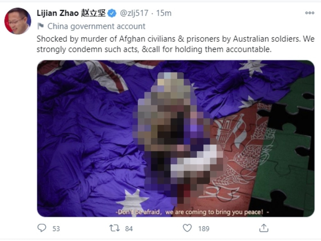 Relations have deteriorated since China foreign ministry tweeted this image of an Australian soldier holding a knife to the neck of an Afghan child. Picture: Twitter