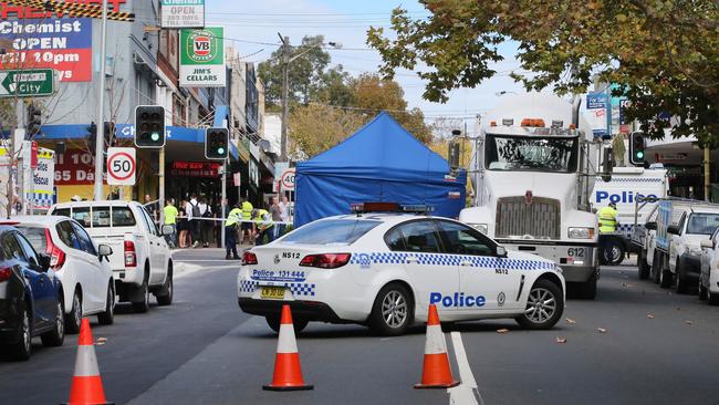 The crime scene set up in Crows Nest after Gangotri Maharaj was killed by a cement truck. Picture: Richard Dobson