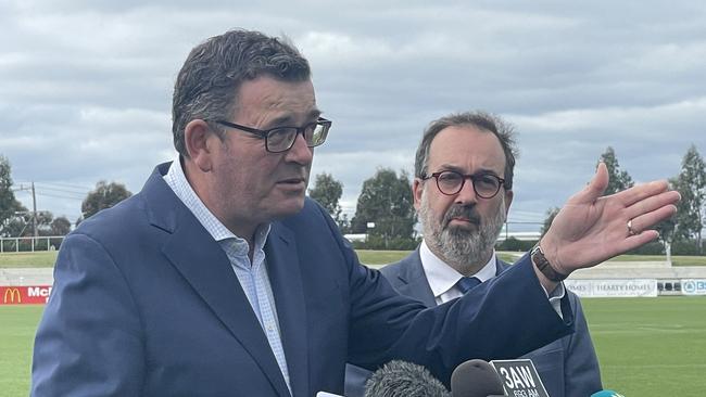 Then Premier Daniel Andrews and Sports Minister Martin Pakula at Ballarat’s Mars Stadium in March 2022, announcing Victoria will host the Commonwealth Games in 2026. Picture: Timothy Cox