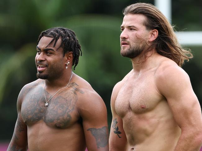 Ezra Mam and Patrick Carrigan at training with the Brisbane Broncos at Red Hill in Brisbane. Pics Adam Head