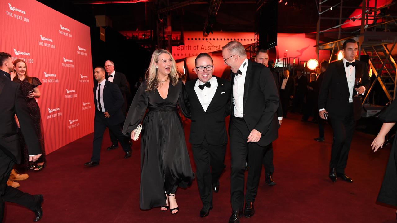 Jodie Haydon, Alan Joyce and Anthony Albanese at the Qantas 100th Gala Dinner in 2023 in Sydney, Australia. (Photo by James D. Morgan/Getty Images)