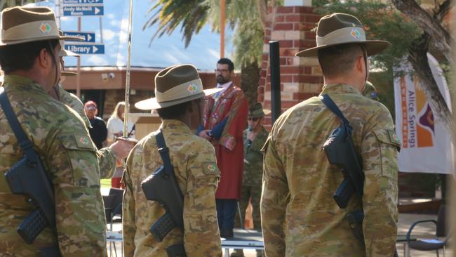 Alice Springs mayor Matt Paterson addresses the Norforce squadron as they march through town in their first Freedom of Entry parade since 1983. Picture: Laura Hooper.