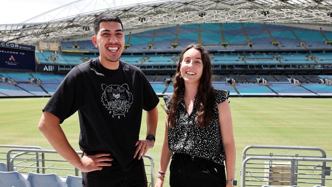 Nicholas Ferrer and Jordan Piper, staff members that are looking forward to the concert, during a press conference for the Taylor Swift The Eras Tour Event. Picture: Tim Hunter