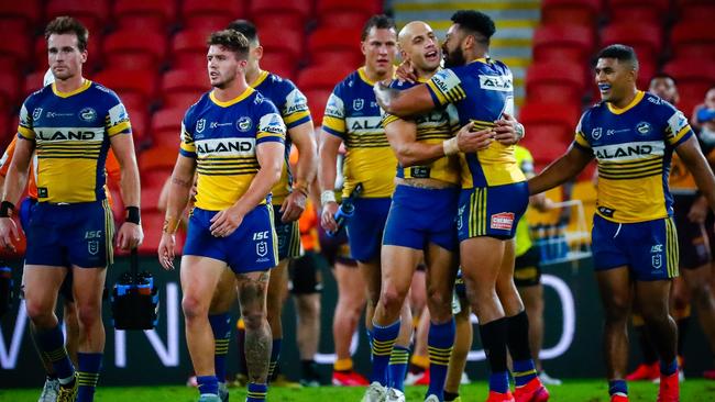 The Eels were all smiles thanks to a big win over the Broncos. Picture: Patrick Hamilton/AFP