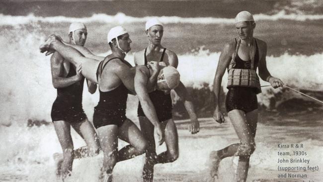 Jack Brinkley (supporting feet) and Norman Girvan (in belt) were victims of the Kirra Beach fatal shark attack in 1937