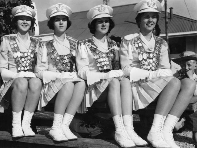 Marching girls June Carson, Janice Scott, Wendy Haussen and Mandy Lee of ‘Sovereigns Marching Girls’ from Glenelg, wait for their cue in 1961.