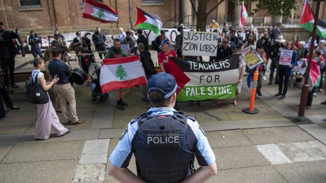 Protesters rally against NSW Police Commissioner Karen Webb who had lodged proceedings with the Supreme Court to stop pro-Palestine rallies in Sydney on Monday, October 7. Picture: NewsWire/Simon Bullard