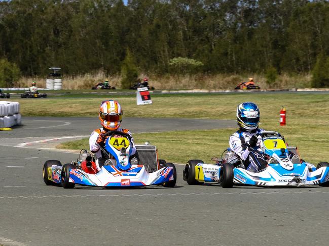 Anthony Abbasse (left) and Matthew Payne at the finish of the Race of Stars international karting event at Pimpama's Extreme Karting facility. Picture credit: Ben Roehlen/Pace Images