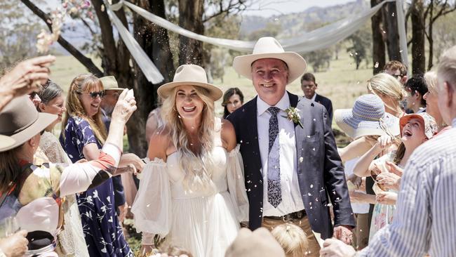 Guests celebrate as Vikki Campion and Barnaby Joyce tie the knot in country NSW. Picture: Salty Dingo