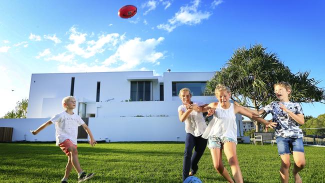 Could this be Australia's most expensive backyard? 27- 29 Witta Circle, Noosa, where a doctor couple knocked down a canal front home and turned it into a multimillion-dollar backyard for their kids. L-R Sterling kids, James, 6, Kate, 13, Meg, 11, and Edward, 7. Photo: Megan Slade