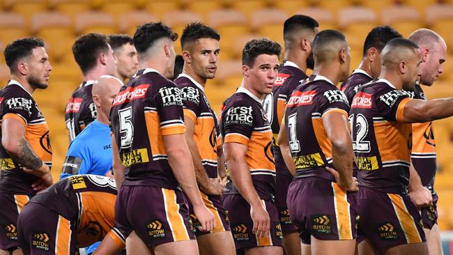 The Broncos suffered a humiliating 59-0 defeat at Suncorp Stadium. Picture: Darren England/AAP