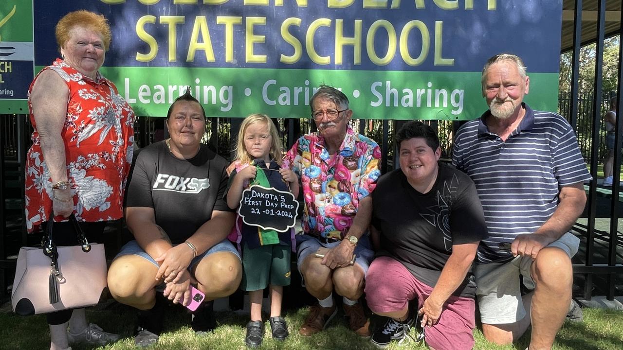 Lyn, Brienna, Dakota, John, Kayla, and Steve on Dakota's first day of school at Golden Beach State School. Picture: Iwan Jones