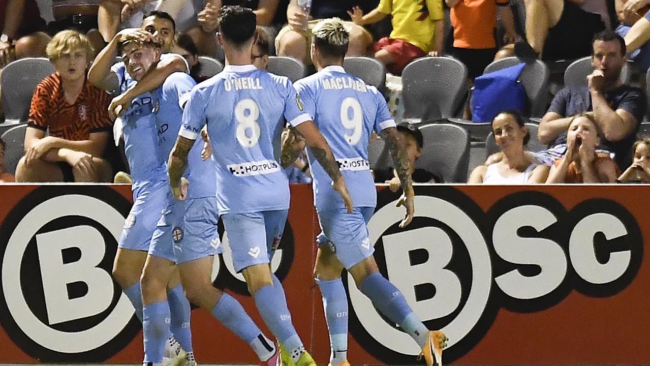 Connor Metcalfe celebrates after scoring a goal during the A-League match between the Brisbane Roar and Melbourne City at Dolphin Stadium (Photo by Albert Perez/Getty Images)