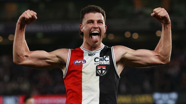 MELBOURNE, AUSTRALIA - August 19, 2023. AFL .   Rowan Marshall of the Saints celebrates a 4th quarter goal during the round 23 match between St Kilda and Geelong at Marvel Stadium in Melbourne, Australia.  Photo by Michael Klein.