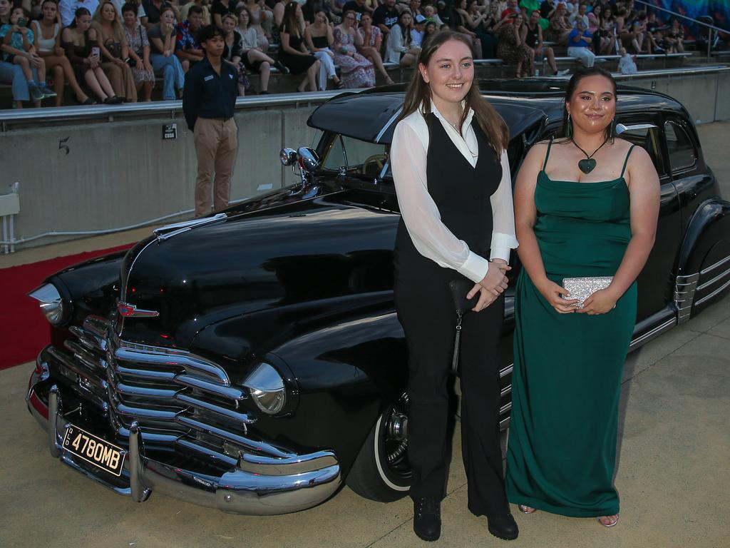 Jaymee Namana and Laura Henderson at the Red Carpet arrivals at Sea World for the Pimpama SHS Formal 2023. Picture: Glenn Campbell