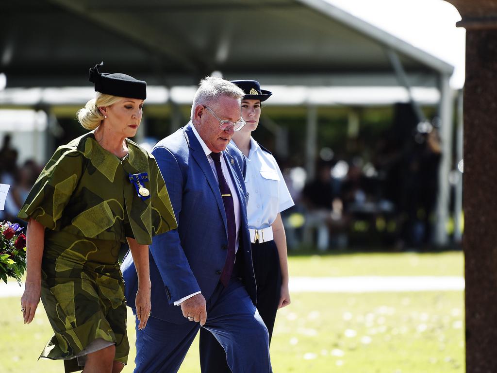 Northern Territory Administrator Vicki O’Halloran and Craig O’Halloran lay a wreath at the 77th Anniversary of the Bombing of Darwin on Tuesday, February 19, 2019. Picture: KERI MEGELUS