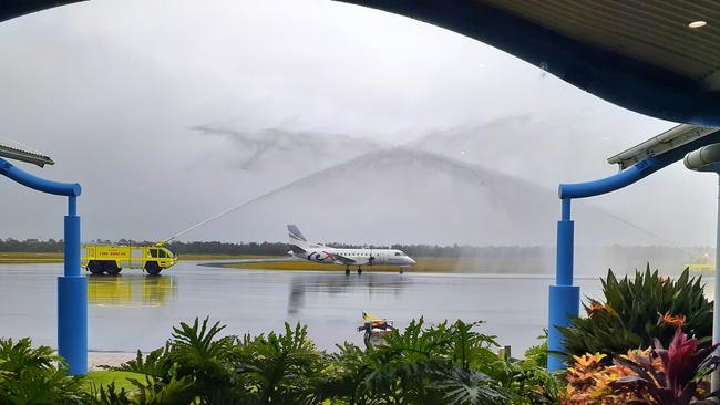 Rex Airlines marked the start of its new services at Coffs Harbour Airport with a special flight on the afternoon of Tuesday, 23 March 2021. The aircraft was given a 'water arch' welcome by vehicles from the Aviation Rescue and Fire Fighting unit.