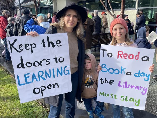 Geelong West mum Kristen with kids Hailey, 9, and Parker, 3, at the Geelong West library rally in May.