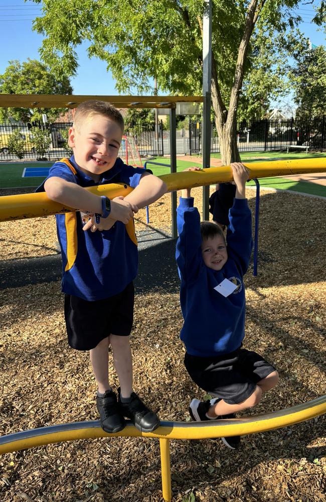 Murphy Vanderwey and Theo Bagley during their first week of prep at Bourchier St Primary School in Shepparton. Picture. Abby Walter