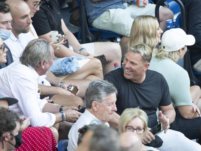 Shane Warne mingled with the crowd at the Australian Open Mens Final Tennis. Picture: Arsineh Houspian