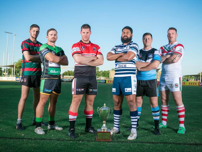 South's Tian Nichols, Palmerston's Alex Johnson, Litchfield’s Luke Mahood, Brothers' Aaron Pollard, Shark’s Jacob Collie and Nightcliff's Brent Crisp at the 2021 NRL NT season launch at Territory Rugby League Stadium, Marrara. Picture: Glenn Campbell