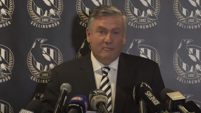 Eddie McGuire announced his resignation. Picture: Collingwood Football Club, Source: https://www.youtube.com/watch?v=vQPLZl279Zo