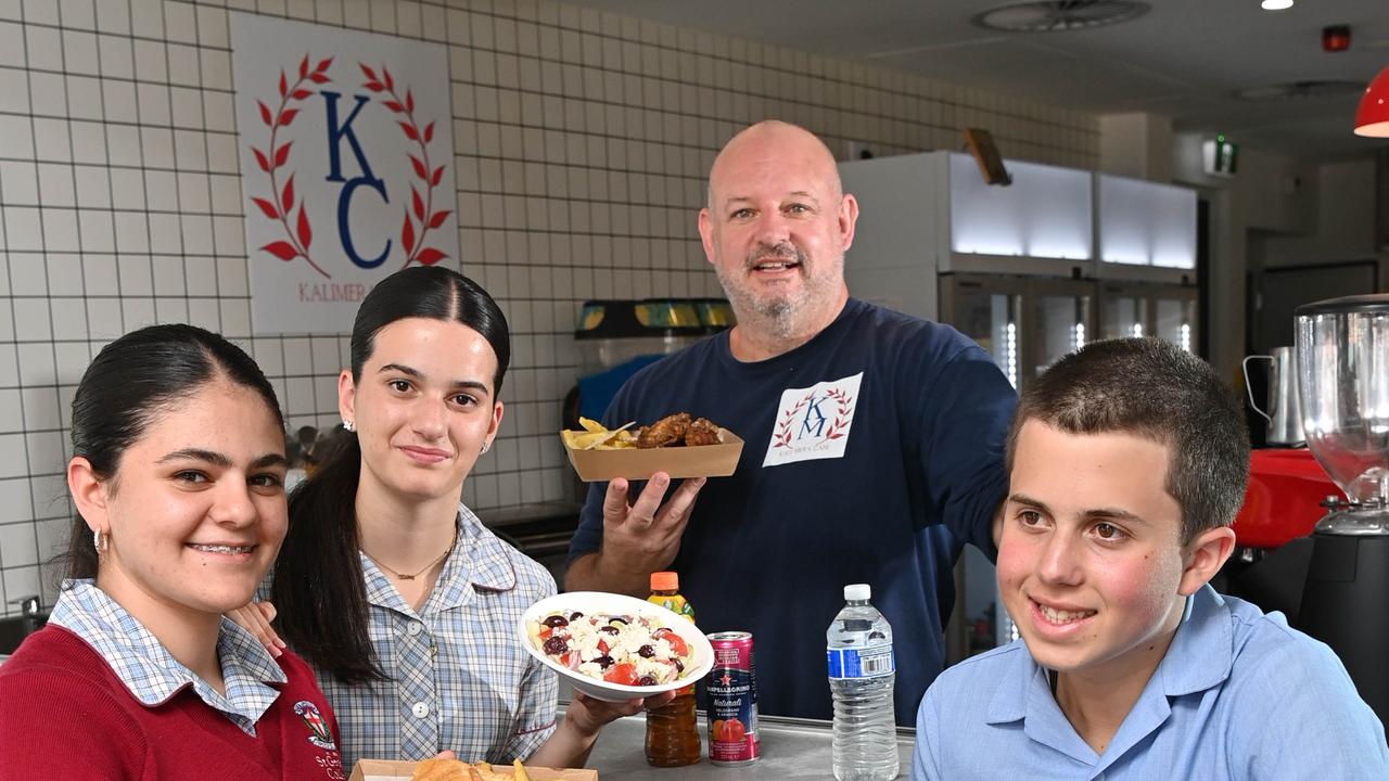 St George College has Kalimera cafe as opposed to a regular canteen. Students Alexandra Kouvoussis, 15, Elena Drouganis, 14, owner Ben Sharp and Theo Markobotsaris, 15. Picture: Keryn Stevens