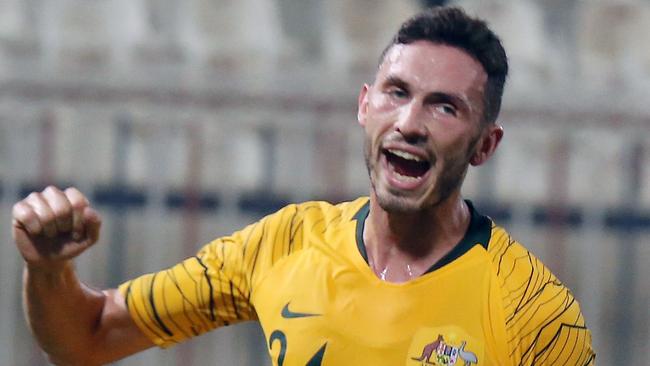 Australia's Apostolos Giannou celebrates scoring against Kuwait in October. Picture: AFP