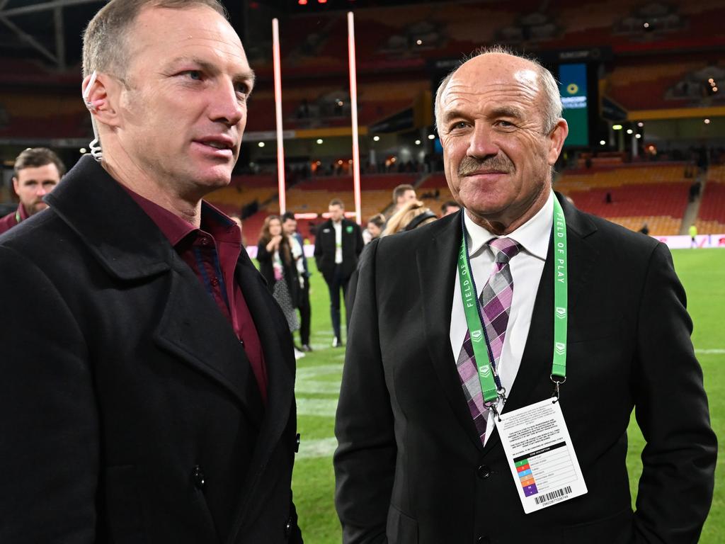 Queensland greats Darren Lockyer and Wally Lewis revel in the Maroons’ victory. Picture: Getty Images