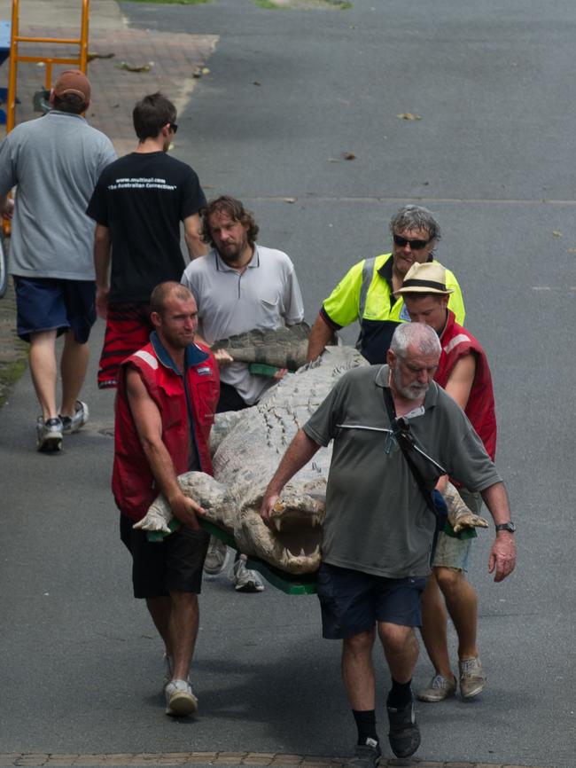 Workers at the maritime Museum at South Bank retrieve a fake crocodile as the Brisbane river swells, flooding their dry-dock on Wednesday, January 12, 2011.