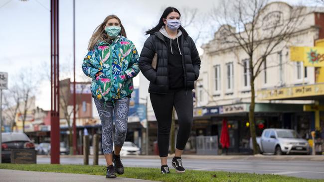 Xaliya Hancock,19 and Chloe Rosevear, 17 in the main st of Colac Victoria where a Covid19 outbreak is causing concern for the town who are hoping to have a short lockdown to stop the spread. Picture: David Geraghty