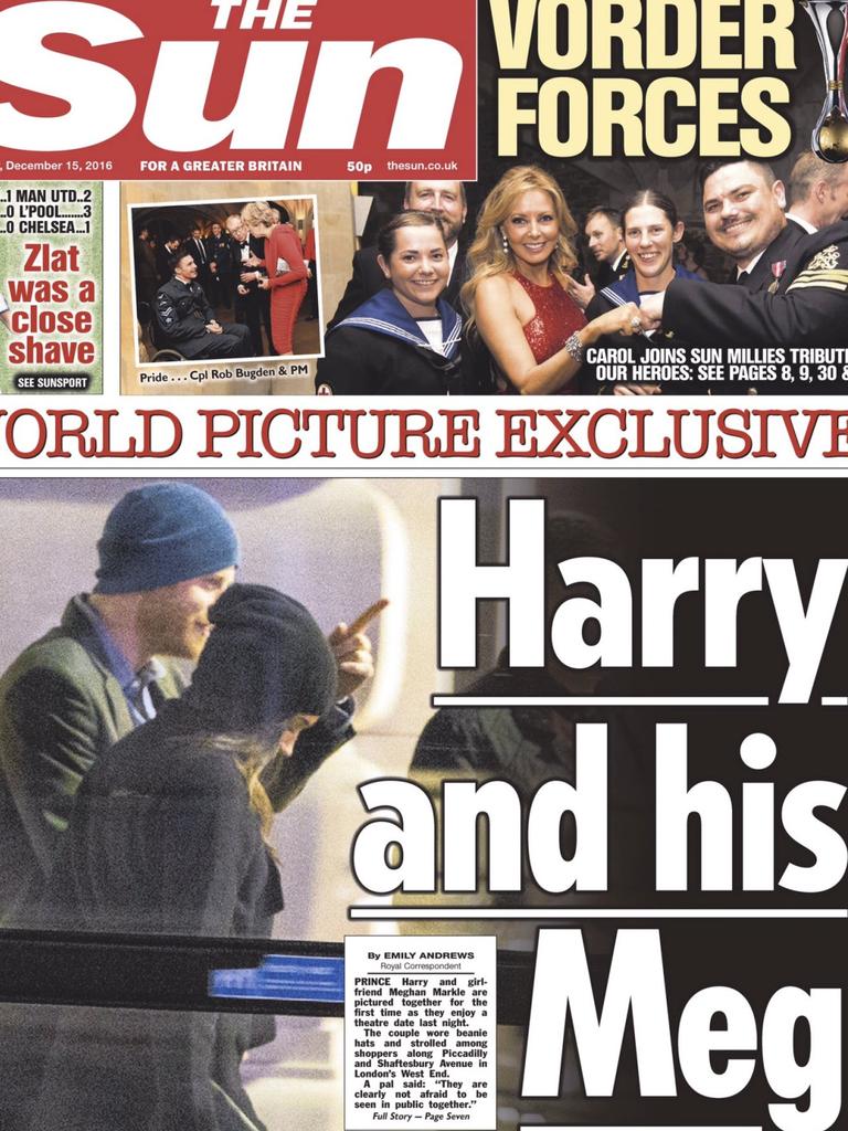 When it was announced that Prince Harry was dating Meghan Markle the British press went into overdrive.<i/>Picture: The Sun’s<i/>front page, December 15 2016.