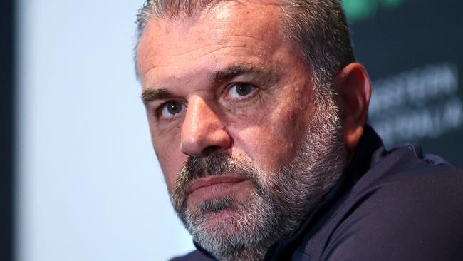 Tottenham Hotspurs' manager Ange Postecoglou attends a press conference in Perth on July 17, 2023 ahead of the pre-season friendly football match between Tottenham Hotspur and West Ham United. (Photo by TREVOR COLLENS / AFP) / -- IMAGE RESTRICTED TO EDITORIAL USE - STRICTLY NO COMMERCIAL USE --