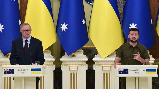 Australia’s Prime Minister Anthony Albanese (left) and Ukrainian President Volodymyr Zelensky hold a joint press conference at Mariynsky Palace following a meeting in Kyiv. Picture: AFP