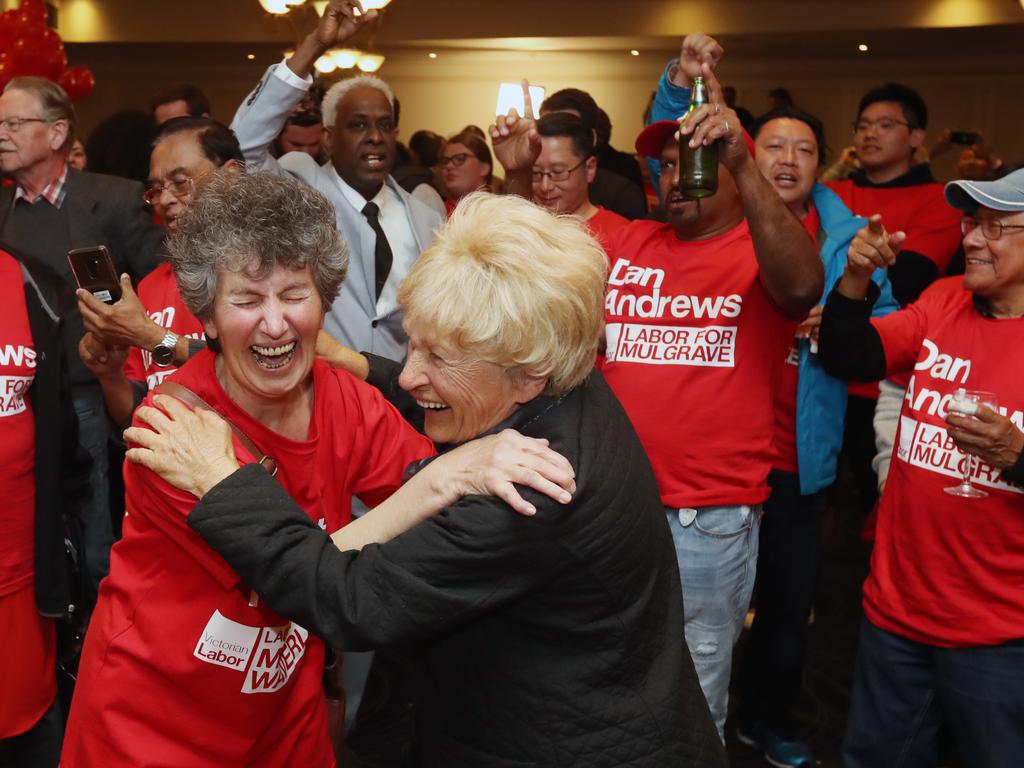 Labor supporters celebrate at the Mulgrave Country Club in Melbourne. Picture: Alex Coppel.