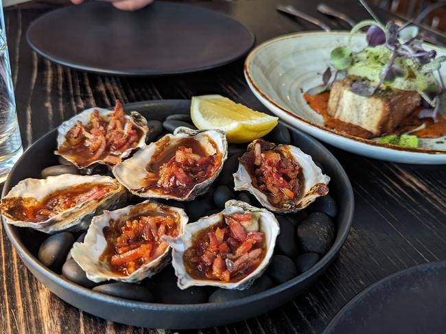 Black Cow Bistro’s delicate, delicious Boomer Bay oysters kilpatrick, Picture: Alex Treacy