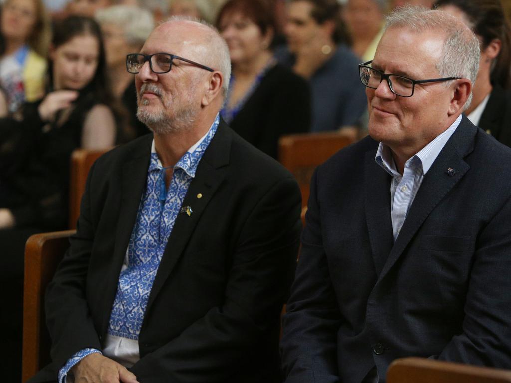 Scott Morrison at St Andrew’s Ukrainian Catholic Church on Sunday. Picture: Lisa Maree Williams/Getty Images