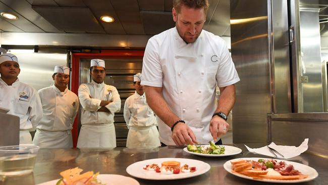 Curtis Stone with one of his teams of chefs on Sun Princess today