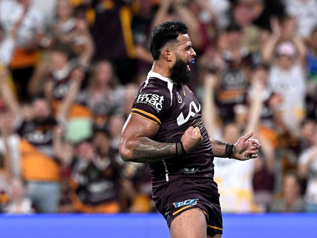 BRISBANE, AUSTRALIA - MARCH 21: Payne Haas of the Broncos celebrates after scoring a try during the round three NRL match between Brisbane Broncos and North Queensland Cowboys at Suncorp Stadium, on March 21, 2025, in Brisbane, Australia. (Photo by Bradley Kanaris/Getty Images)