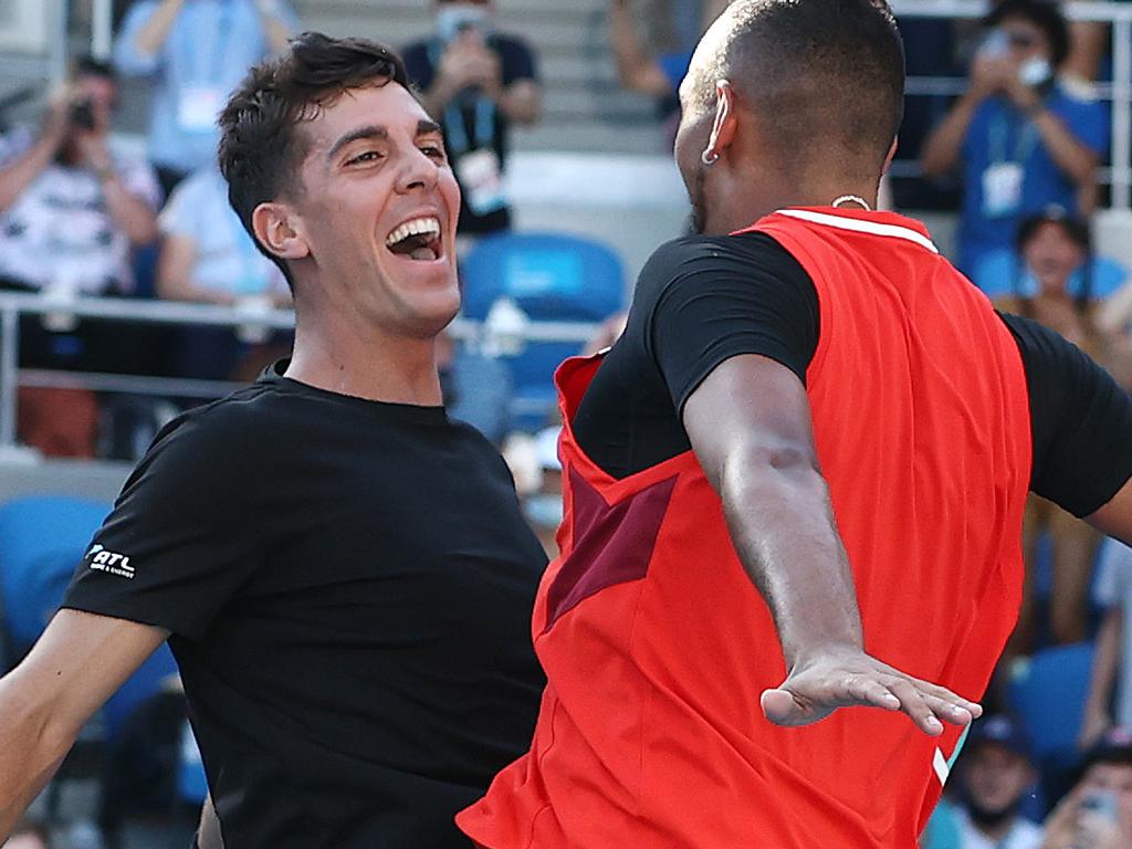 MELBOURNE.  25/01/2022. Australian Open Tennis.  Day 9. Nick Kyrgios and Thanasi Kokkinakis vs Tim Puetz and Michael Venus on KIA Arena.  Nick Kyrgios and Thanasi Kokkinakis celebrate winning in 3 sets
   Photo by Michael Klein