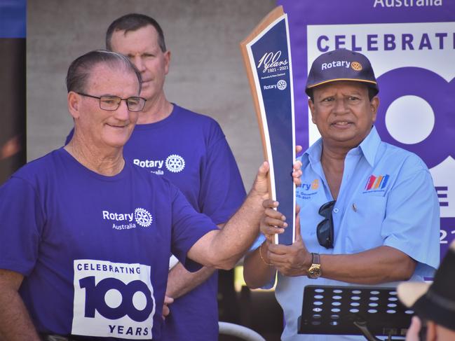 Rotary District 9640 district governor Andy Rajapakse, Clarence Valley Mayor Jim Simmons and Ballina on Richmond president Dave Harmon at the District 9640 Rotary 100 Baton Relay launch at Memorial Park, Grafton on Friday, 5th February, 2021. Photo Bill North / The Daily Examiner