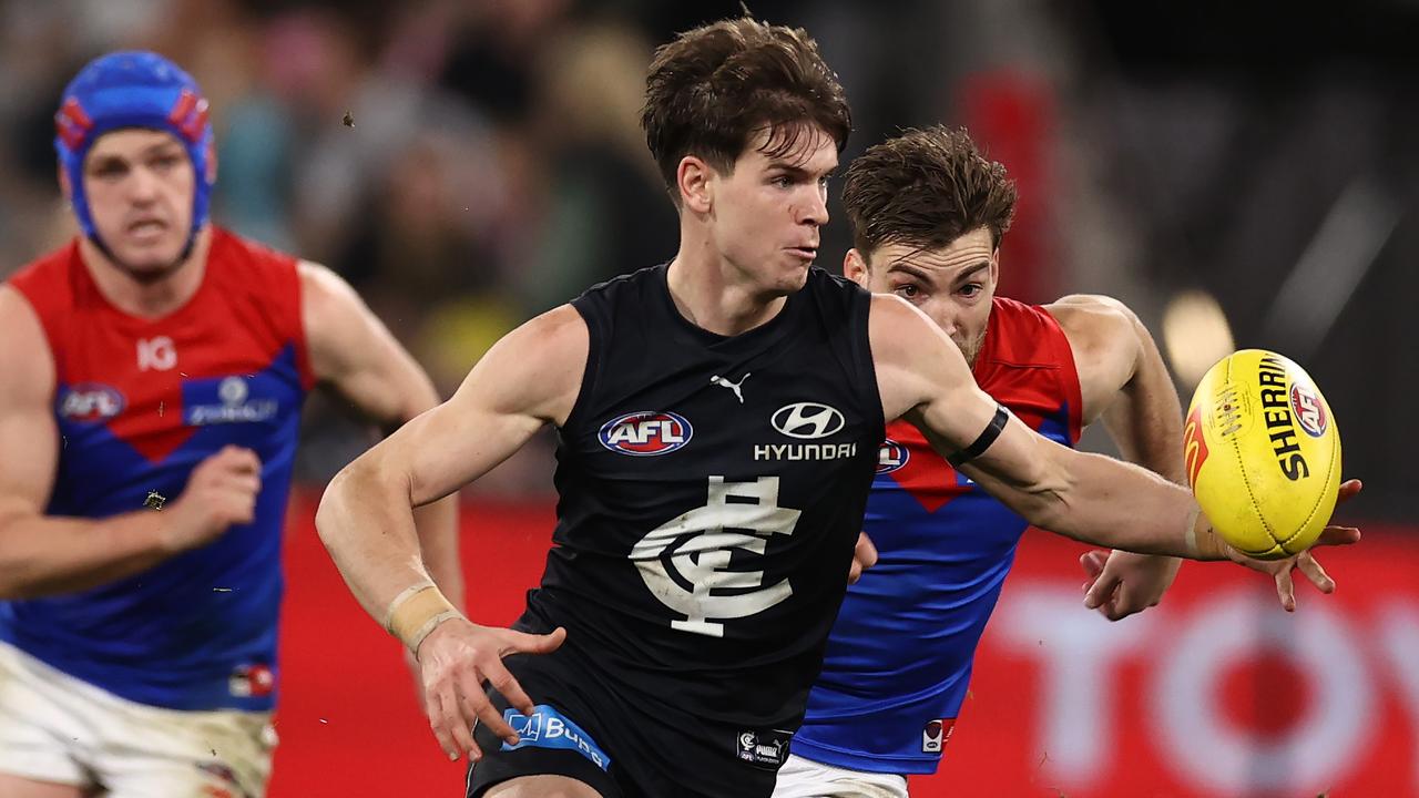 MELBOURNE, AUSTRALIA - Augus 12 , 2023. AFL . Paddy Dow of the Blues during the round 22 match between Carlton and Melbourne at the MCG in Melbourne. Photo by Michael Klein.